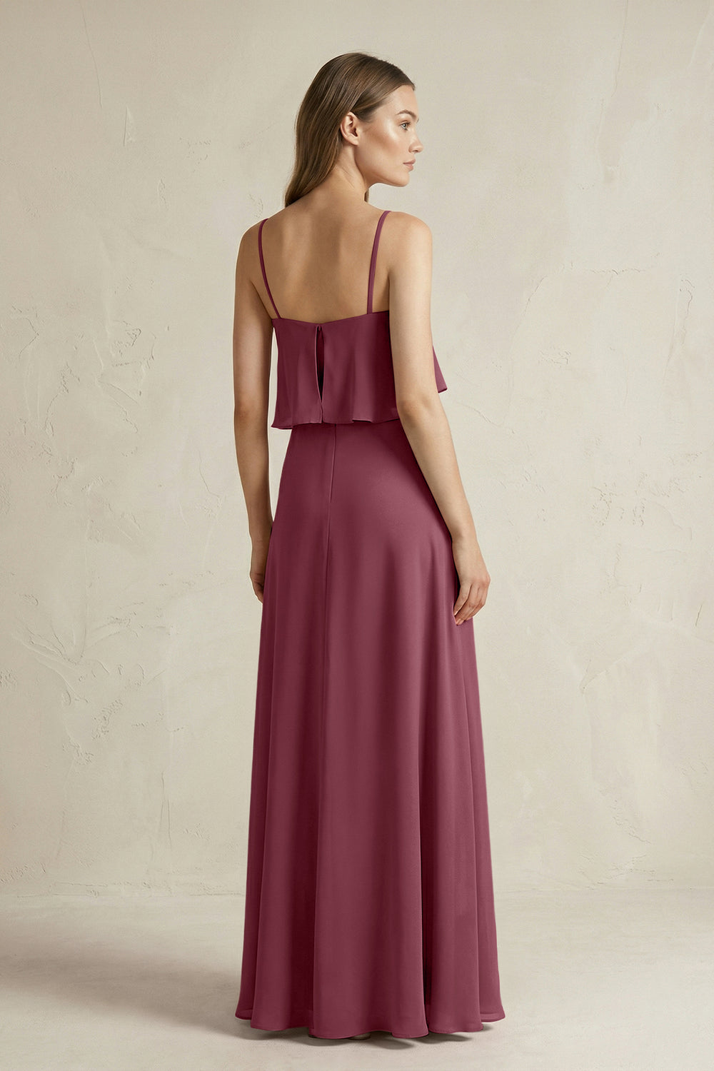 Ruffled Spaghetti Strap A-Line Chiffon Bridesmaid Dress in Desert Rose