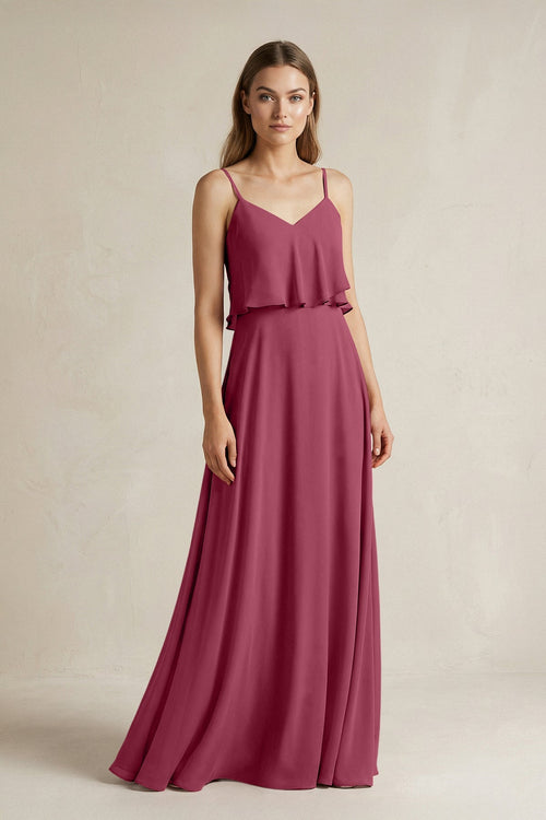 Ruffled Spaghetti Strap A - Line Chiffon Bridesmaid Dress in Desert Rose - SHE IS ME Bridesmaid Dresses