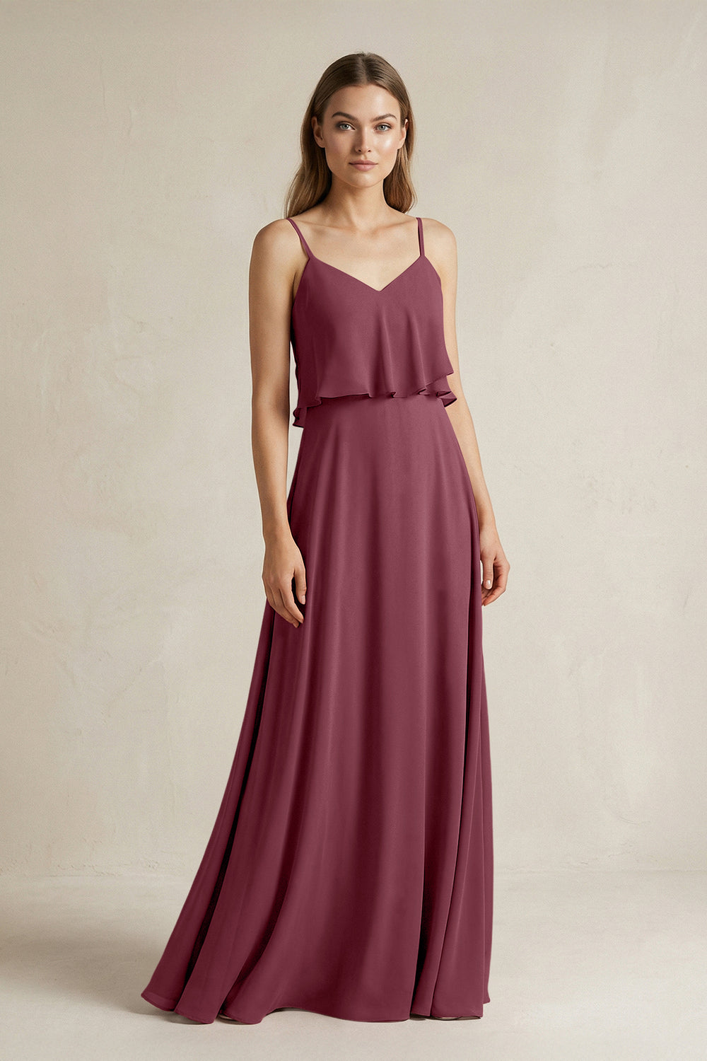 Ruffled Spaghetti Strap A-Line Chiffon Bridesmaid Dress in Desert Rose
