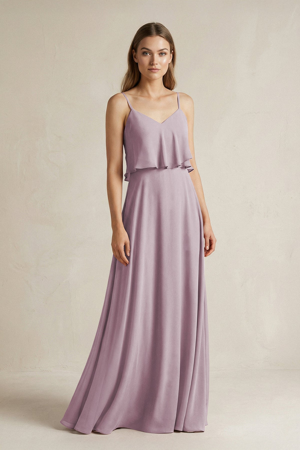 Ruffled Spaghetti Strap A - Line Chiffon Bridesmaid Dress in Dusk - KISS BRIDAL Bridesmaid Dresses