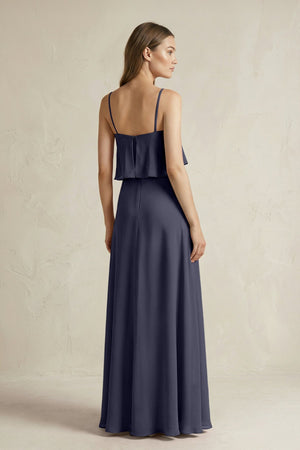 Ruffled Spaghetti Strap A - Line Chiffon Bridesmaid Dress in Dusk Blue - KISS BRIDAL Bridesmaid Dresses