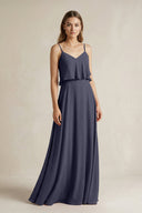 Ruffled Spaghetti Strap A - Line Chiffon Bridesmaid Dress in Dusk Blue - KISS BRIDAL Bridesmaid Dresses