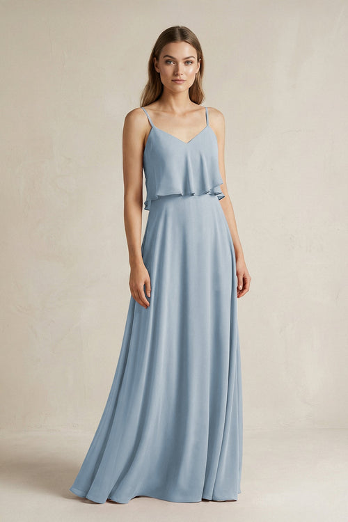 Ruffled Spaghetti Strap A - Line Chiffon Bridesmaid Dress in Dusty Blue - KISS BRIDAL Bridesmaid Dresses