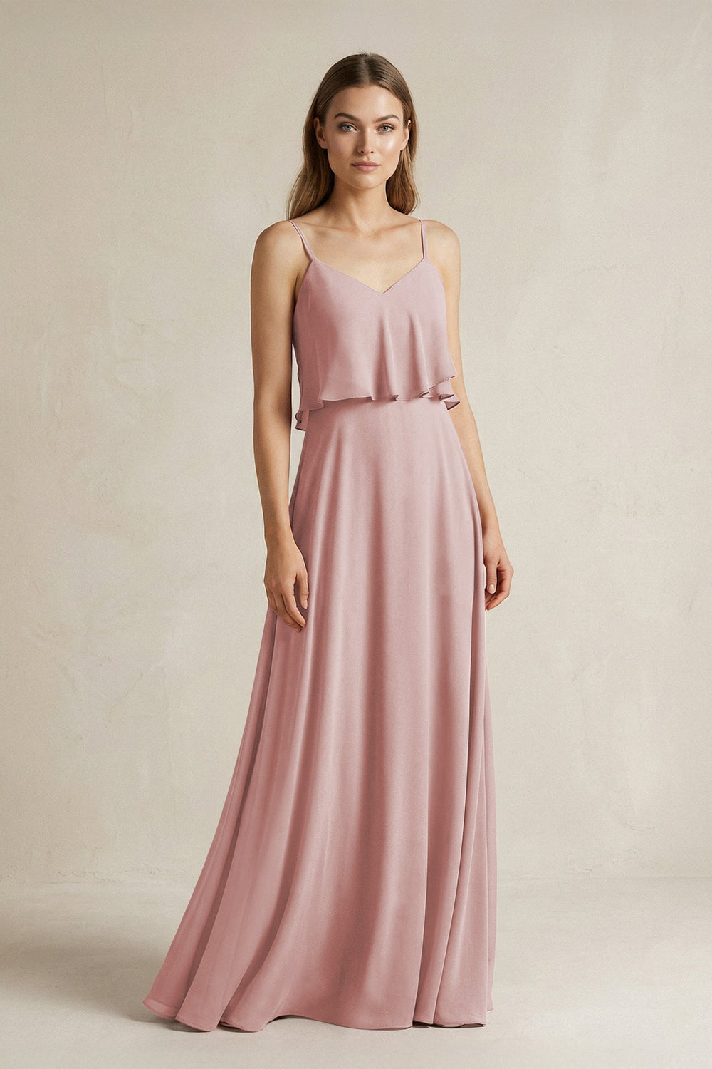Ruffled Spaghetti Strap A - Line Chiffon Bridesmaid Dress in Dusty Rose - KISS BRIDAL Bridesmaid Dresses