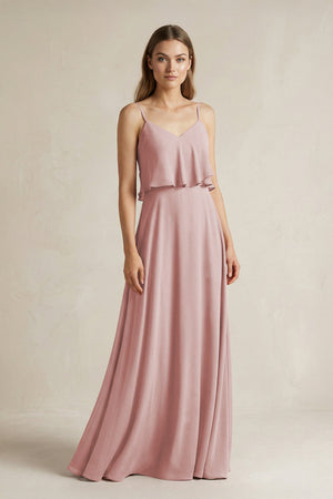 Ruffled Spaghetti Strap A - Line Chiffon Bridesmaid Dress in Dusty Rose - SHE IS ME Bridesmaid Dresses