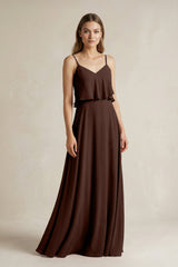 Ruffled Spaghetti Strap A - Line Chiffon Bridesmaid Dress in Espresso - KISS BRIDAL Bridesmaid Dresses