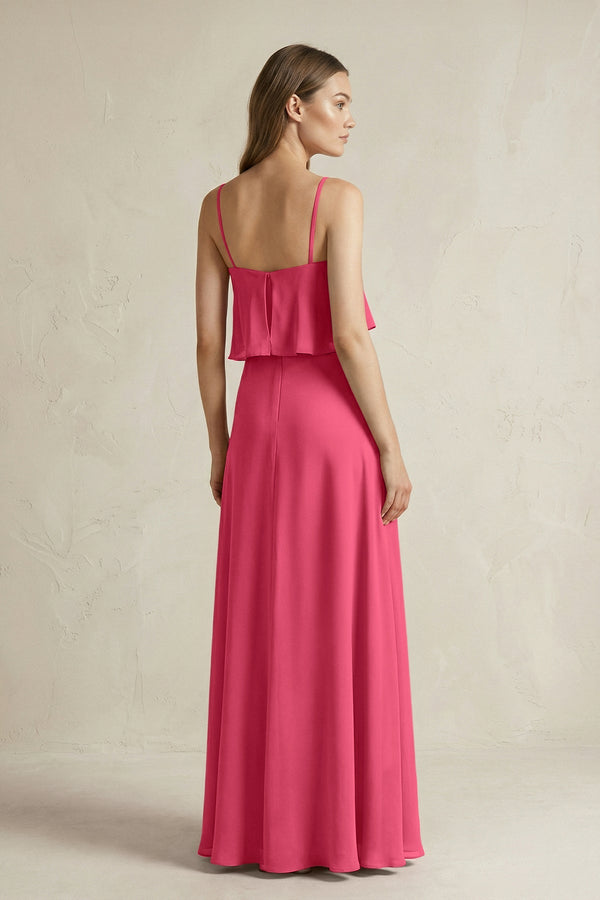 Ruffled Spaghetti Strap A - Line Chiffon Bridesmaid Dress in Fuchsia - KISS BRIDAL Bridesmaid Dresses