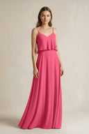 Ruffled Spaghetti Strap A - Line Chiffon Bridesmaid Dress in Fuchsia - KISS BRIDAL Bridesmaid Dresses