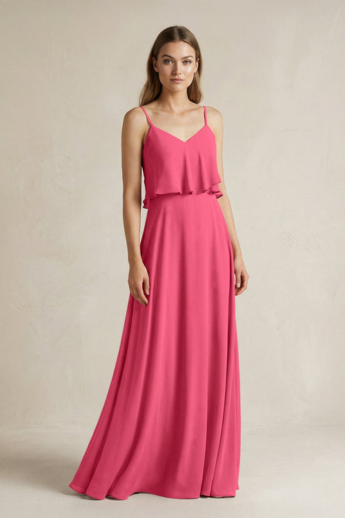 Ruffled Spaghetti Strap A - Line Chiffon Bridesmaid Dress in Fuchsia - KISS BRIDAL Bridesmaid Dresses