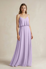 Ruffled Spaghetti Strap A - Line Chiffon Bridesmaid Dress in Lavender - KISS BRIDAL Bridesmaid Dresses