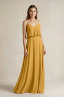Ruffled Spaghetti Strap A - Line Chiffon Bridesmaid Dress in Marigold - KISS BRIDAL Bridesmaid Dresses