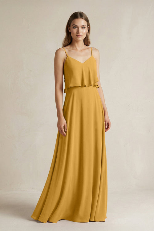 Ruffled Spaghetti Strap A - Line Chiffon Bridesmaid Dress in Marigold - KISS BRIDAL Bridesmaid Dresses