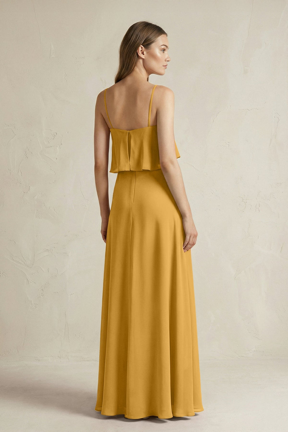 Ruffled Spaghetti Strap A - Line Chiffon Bridesmaid Dress in Marigold - KISS BRIDAL Bridesmaid Dresses