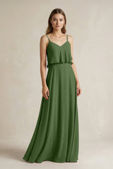 Ruffled Spaghetti Strap A - Line Chiffon Bridesmaid Dress in Moss - KISS BRIDAL Bridesmaid Dresses