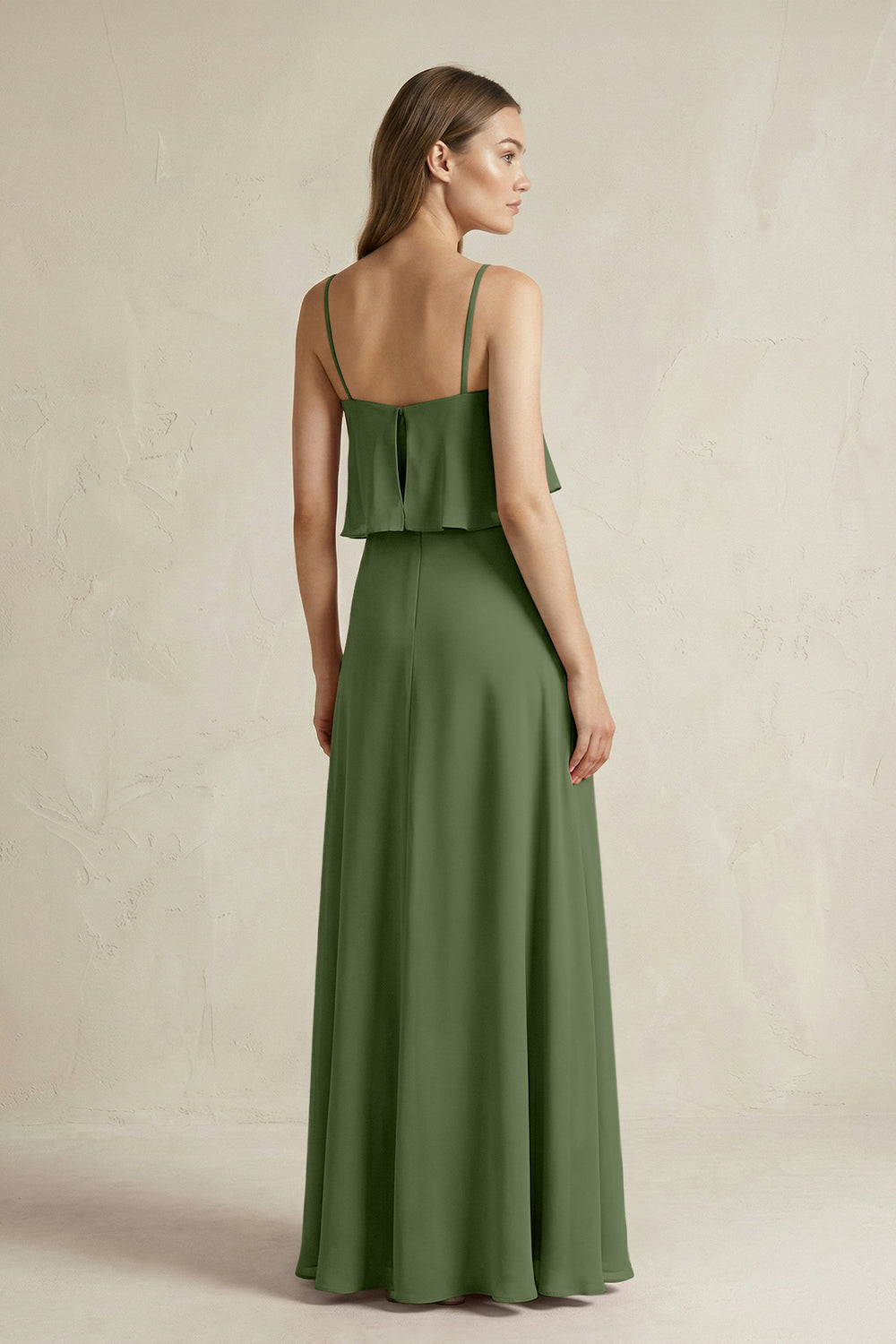 Ruffled Spaghetti Strap A-Line Chiffon Bridesmaid Dress in Moss