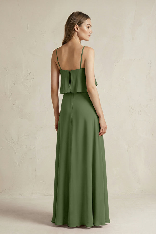 Ruffled Spaghetti Strap A-Line Chiffon Bridesmaid Dress in Moss (2) | KISSBRIDAL