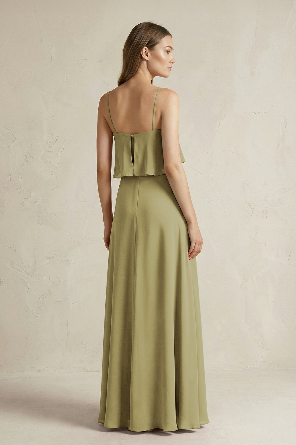 Ruffled Spaghetti Strap A-Line Chiffon Bridesmaid Dress in Moss Green