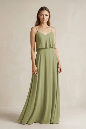 Ruffled Spaghetti Strap A - Line Chiffon Bridesmaid Dress in Moss Green - SHE IS ME Bridesmaid Dresses