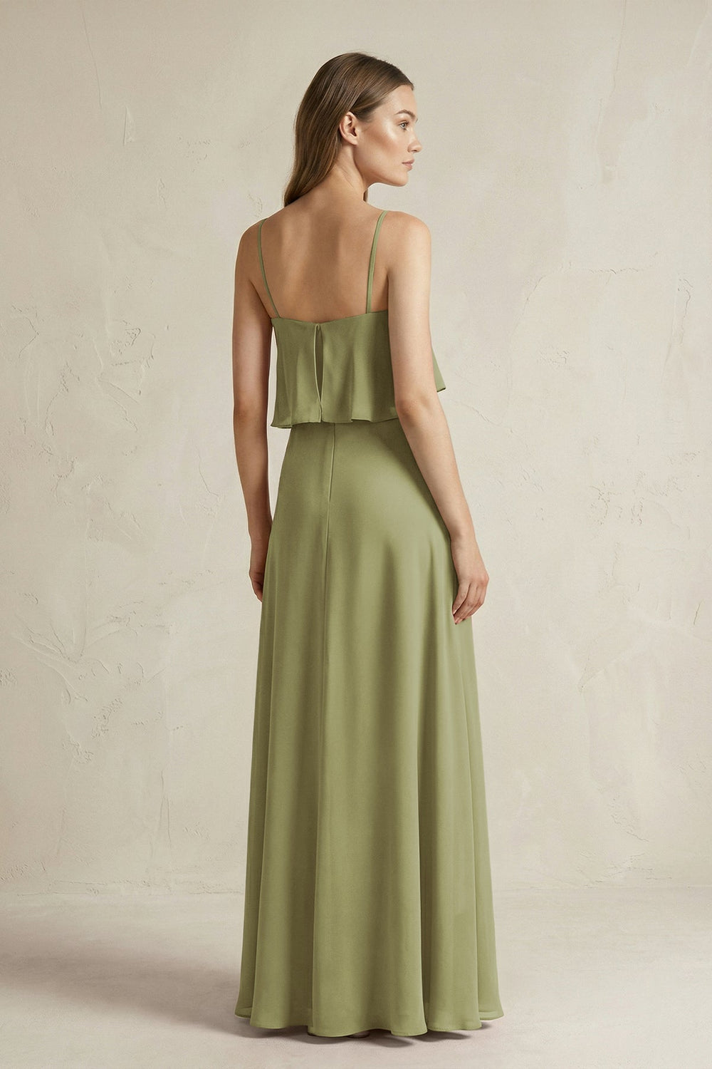 Ruffled Spaghetti Strap A - Line Chiffon Bridesmaid Dress in Moss Green - SHE IS ME Bridesmaid Dresses
