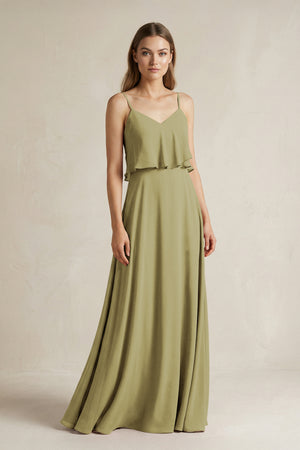 Ruffled Spaghetti Strap A-Line Chiffon Bridesmaid Dress in Moss Green | KISSBRIDAL