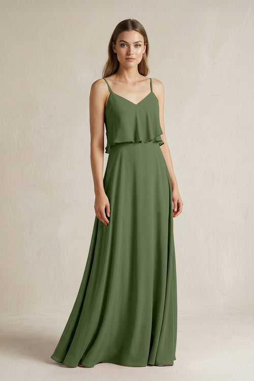 Ruffled Spaghetti Strap A-Line Chiffon Bridesmaid Dress in Moss | KISSBRIDAL