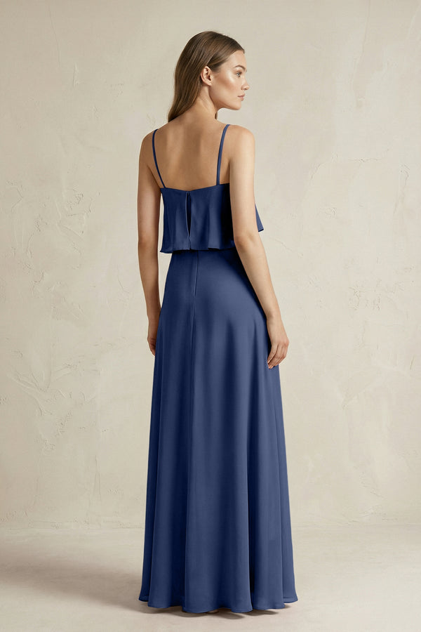 Ruffled Spaghetti Strap A - Line Chiffon Bridesmaid Dress in Navy - KISS BRIDAL Bridesmaid Dresses