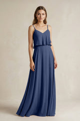 Ruffled Spaghetti Strap A - Line Chiffon Bridesmaid Dress in Navy - KISS BRIDAL Bridesmaid Dresses