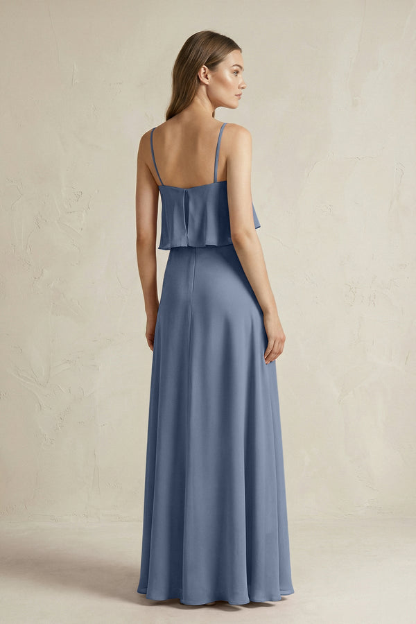 Ruffled Spaghetti Strap A - Line Chiffon Bridesmaid Dress in Neptune - KISS BRIDAL Bridesmaid Dresses