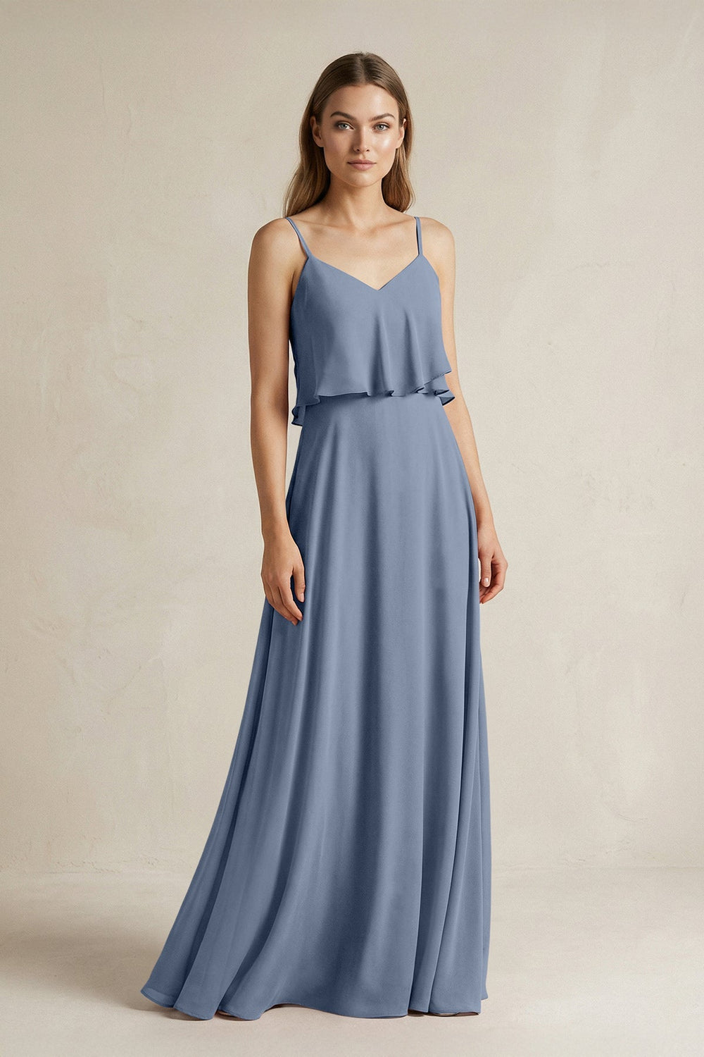 Ruffled Spaghetti Strap A - Line Chiffon Bridesmaid Dress in Neptune - KISS BRIDAL Bridesmaid Dresses