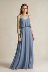 Ruffled Spaghetti Strap A - Line Chiffon Bridesmaid Dress in Neptune - KISS BRIDAL Bridesmaid Dresses