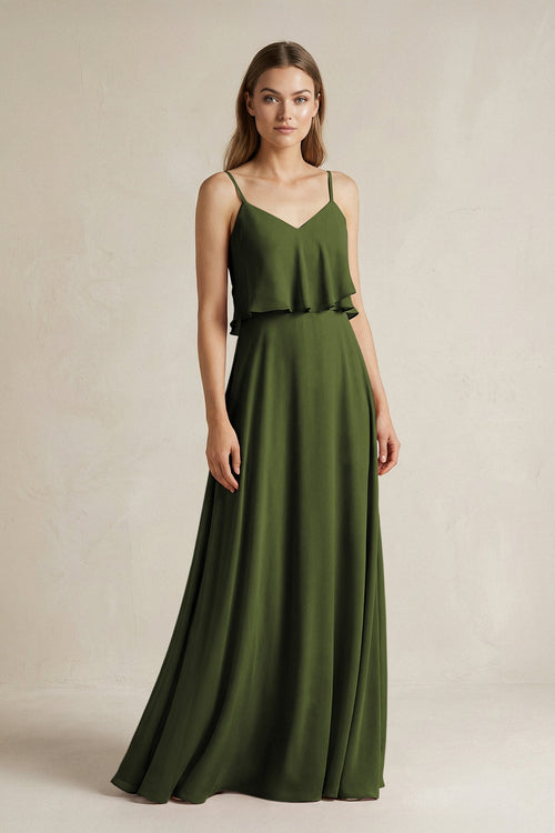 Ruffled Spaghetti Strap A - Line Chiffon Bridesmaid Dress in Olive - KISS BRIDAL Bridesmaid Dresses