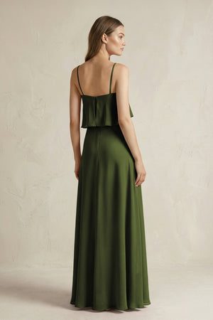 Ruffled Spaghetti Strap A - Line Chiffon Bridesmaid Dress in Olive - KISS BRIDAL Bridesmaid Dresses