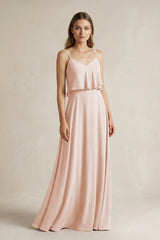 Ruffled Spaghetti Strap A - Line Chiffon Bridesmaid Dress in Pale Blush - KISS BRIDAL Bridesmaid Dresses