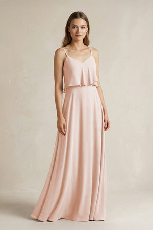 Ruffled Spaghetti Strap A - Line Chiffon Bridesmaid Dress in Pale Blush - KISS BRIDAL Bridesmaid Dresses