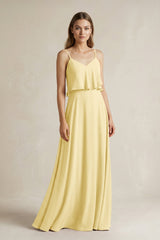 Ruffled Spaghetti Strap A - Line Chiffon Bridesmaid Dress in Pastel Yellow - KISS BRIDAL Bridesmaid Dresses