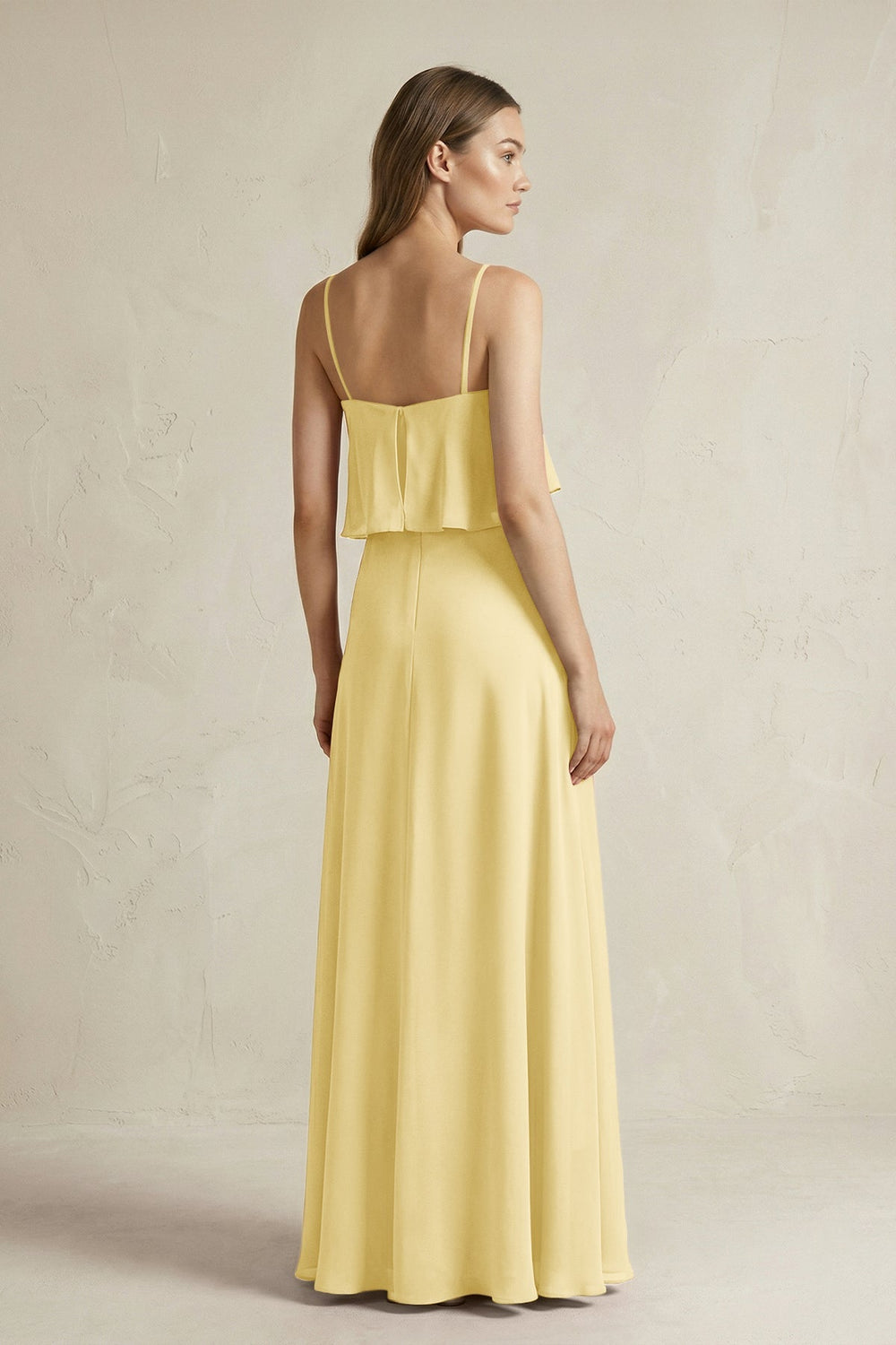 Ruffled Spaghetti Strap A - Line Chiffon Bridesmaid Dress in Pastel Yellow - KISS BRIDAL Bridesmaid Dresses
