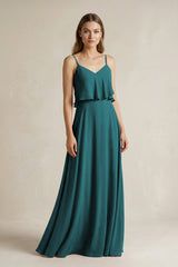 Ruffled Spaghetti Strap A - Line Chiffon Bridesmaid Dress in Pine - KISS BRIDAL Bridesmaid Dresses