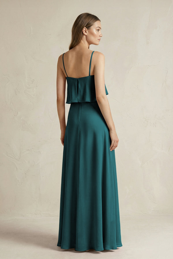 Ruffled Spaghetti Strap A - Line Chiffon Bridesmaid Dress in Pine - KISS BRIDAL Bridesmaid Dresses