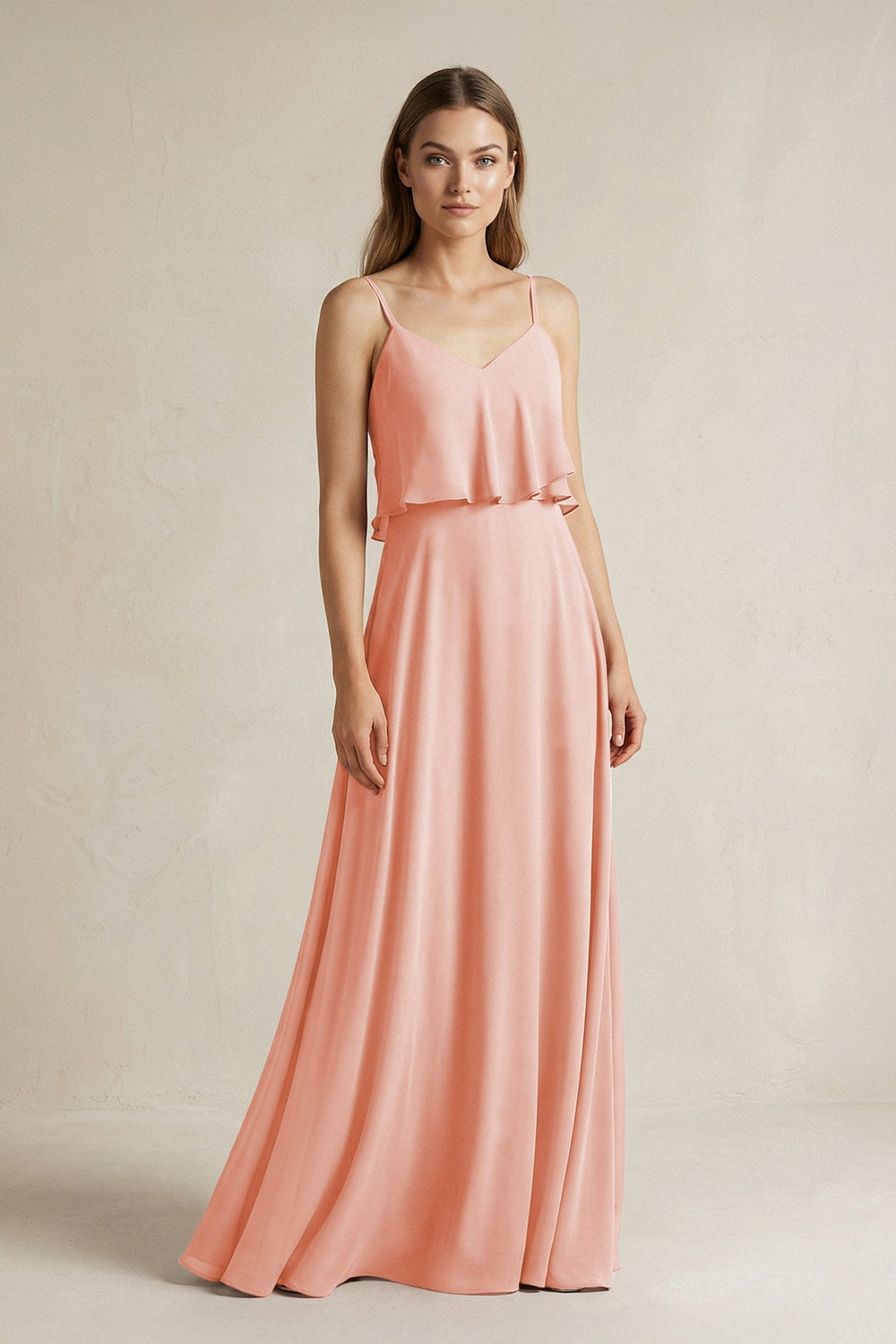 Ruffled Spaghetti Strap A - Line Chiffon Bridesmaid Dress in Rose Petal - KISS BRIDAL Bridesmaid Dresses