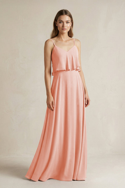 Ruffled Spaghetti Strap A - Line Chiffon Bridesmaid Dress in Rose Petal - KISS BRIDAL Bridesmaid Dresses