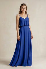 Ruffled Spaghetti Strap A - Line Chiffon Bridesmaid Dress in Royal Blue - KISS BRIDAL Bridesmaid Dresses