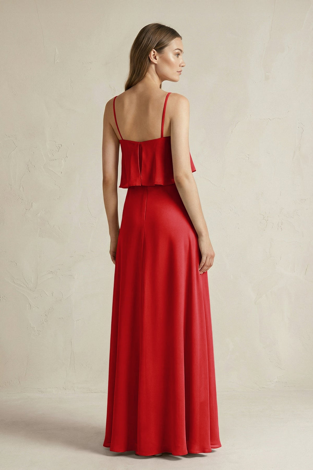 Ruffled Spaghetti Strap A - Line Chiffon Bridesmaid Dress in Ruby Red - SHE IS ME Bridesmaid Dresses