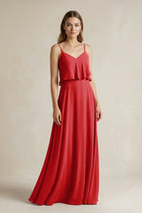 Ruffled Spaghetti Strap A - Line Chiffon Bridesmaid Dress in Ruby Red - KISS BRIDAL Bridesmaid Dresses