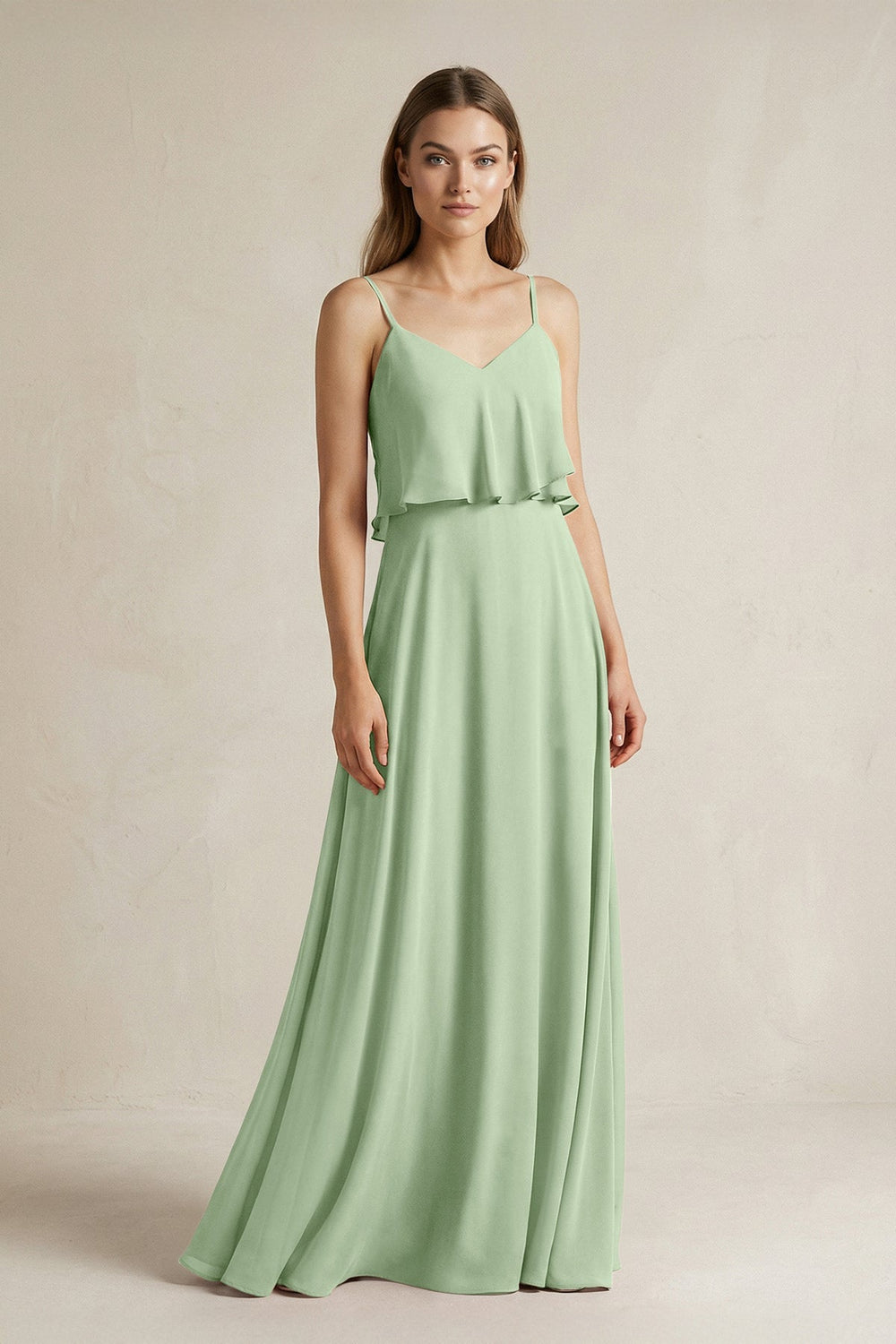 Ruffled Spaghetti Strap A - Line Chiffon Bridesmaid Dress in Sage - SHE IS ME Bridesmaid Dresses