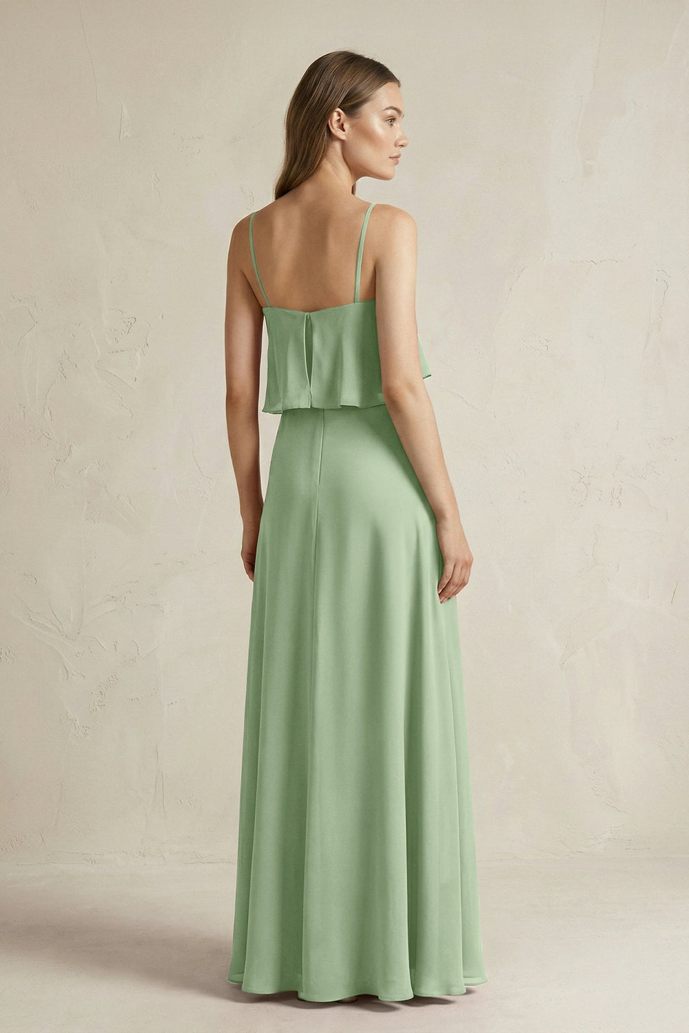 Ruffled Spaghetti Strap A - Line Chiffon Bridesmaid Dress in Sage - SHE IS ME Bridesmaid Dresses