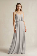 Ruffled Spaghetti Strap A - Line Chiffon Bridesmaid Dress in Silver - KISS BRIDAL Bridesmaid Dresses