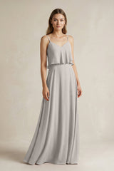 Ruffled Spaghetti Strap A - Line Chiffon Bridesmaid Dress in Silver - KISS BRIDAL Bridesmaid Dresses