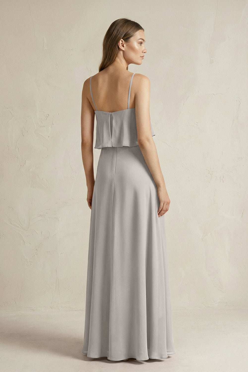 Ruffled Spaghetti Strap A - Line Chiffon Bridesmaid Dress in Silver - KISS BRIDAL Bridesmaid Dresses