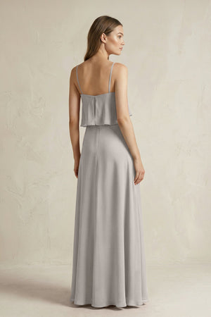 Ruffled Spaghetti Strap A - Line Chiffon Bridesmaid Dress in Silver - KISS BRIDAL Bridesmaid Dresses