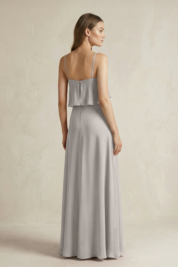Ruffled Spaghetti Strap A - Line Chiffon Bridesmaid Dress in Silver - KISS BRIDAL Bridesmaid Dresses